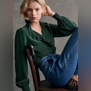 NWOT Sezane Silk Chlo Shirt in Bottle Green, Size 38 / 6